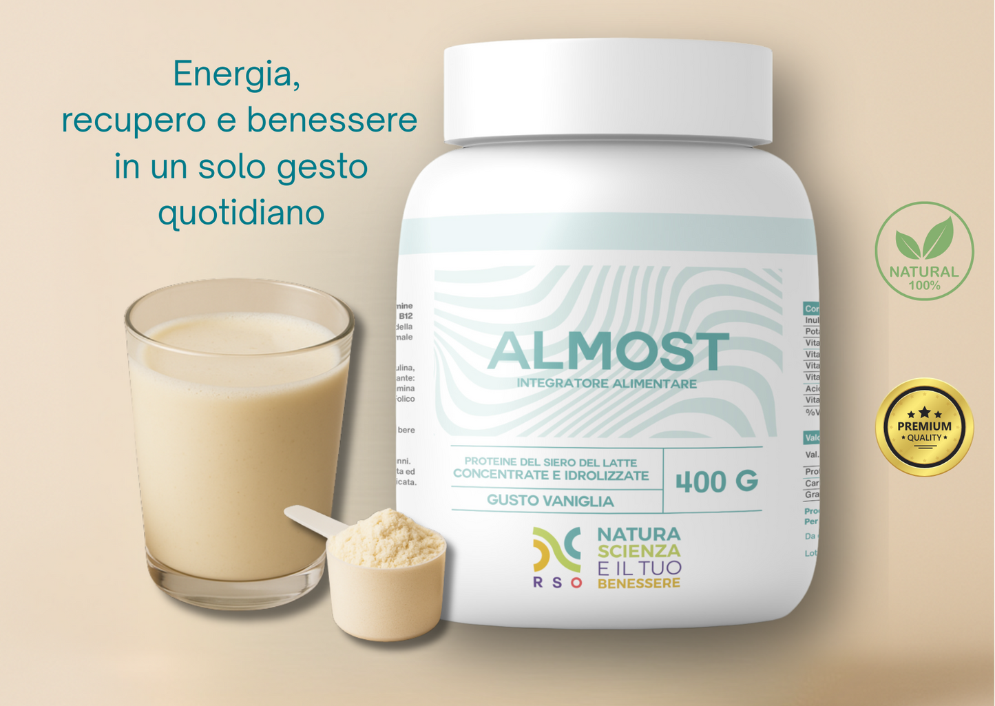 Almost - Proteine del siero del latte concentrate e idrolizzate 400g (gusto vaniglia o cioccolato)
